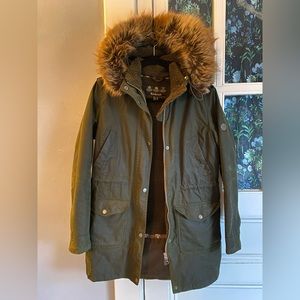 Waxed Barbour Sherpa Lined Faux Fur Trim Olive Parka Jacket US 6